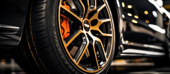 Close-up of a wheel of a sports car. Selective focus. - obrazy, fototapety, plakaty