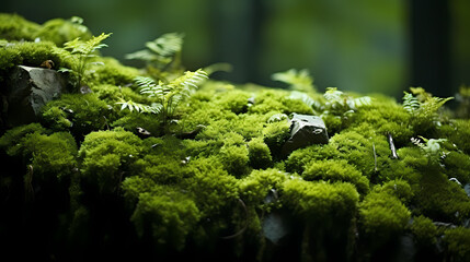 Naklejka na ściany i meble Green moss on rocks in fertile nature background forest