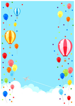 風船、気球、背景、イラスト、かわいい、縦型、雲の上