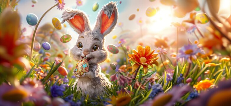 Happy Easter bunny in vibrant environment with blooming flowers and rabbits roaming in the fields and many colorful painted easter eggs. Generative AI.