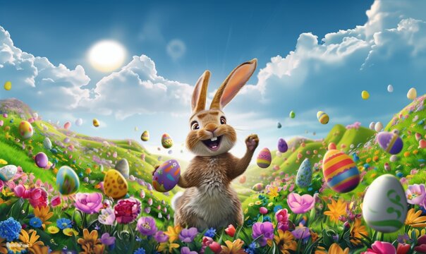 Happy Easter bunny in vibrant environment with blooming flowers and rabbits roaming in the fields and many colorful painted easter eggs. Generative AI.