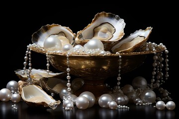 Lustrous Pearls oyster treasure. Ocean nature. Generate Ai - obrazy, fototapety, plakaty