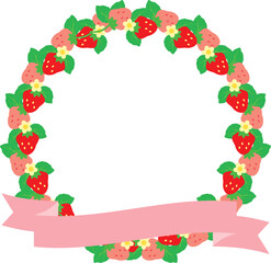 赤とピンクのいちごフレーム＿円・リース_リボン（ピンク）