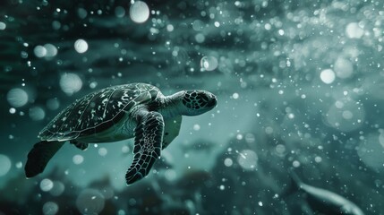 Obraz premium A sea turtle glides effortlessly through a sea of ling otherworldly specks drawn towards the unknown depths where the secrets of marine snow reside.