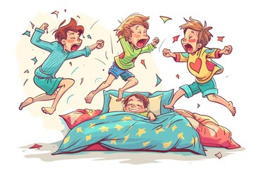 Obraz na płótnie Canvas Cartoon cute doodles of brothers and sisters having a pillow fight in their pajamas, laughing and jumping on the bed, Generative AI