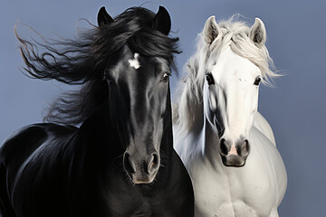 white and black horses at sunset