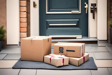 Delivered parcel or box on door mat near entrance. Delivered outside the door, e-commerce purchase on welcome mat.