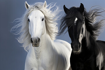 Obraz na płótnie Canvas white and black horses at sunset
