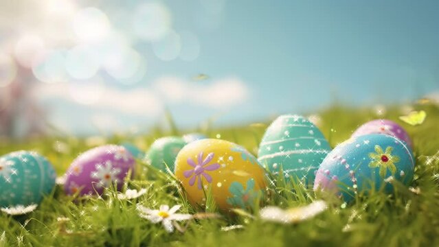 easter egg painted in various colors and located in a grass field with sunlight in Happy Easter Egg