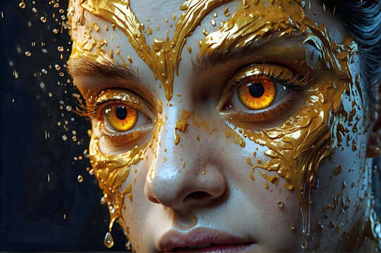 Abstract Extreme Close Up of a Woman with Fiery Gold Eyes and Paint Dripping from Her Face