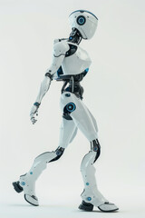 Design a futuristic white robot, white and blue.