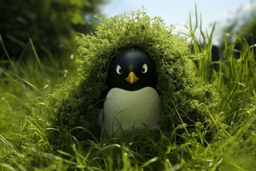 Charming Penguin cartoon character fun animal. Nature outdoor green grass cute polar animal. Generate Ai