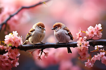 Cute little sparrow sitting on a cherry blossom branch