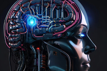 Digital AI electronic brain. Metallic with neon light, neural data storage machine. Futuristic technology concept. SEO-friendly image