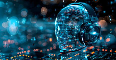 close up shot of a customer support headset reflecting holographic data