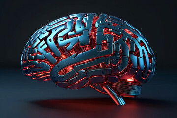 Digital AI electronic brain. Metallic with neon light, neural data storage machine. Futuristic technology concept. SEO-friendly image