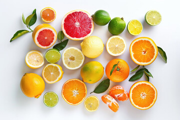 A vibrant assortment of citrus fruits arranged artfully on a pristine white background