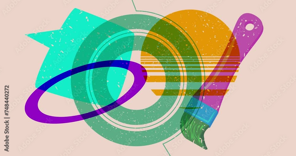 Poster risograph paintbrush and speech bubble with geometric shapes animation. moving object in trendy riso