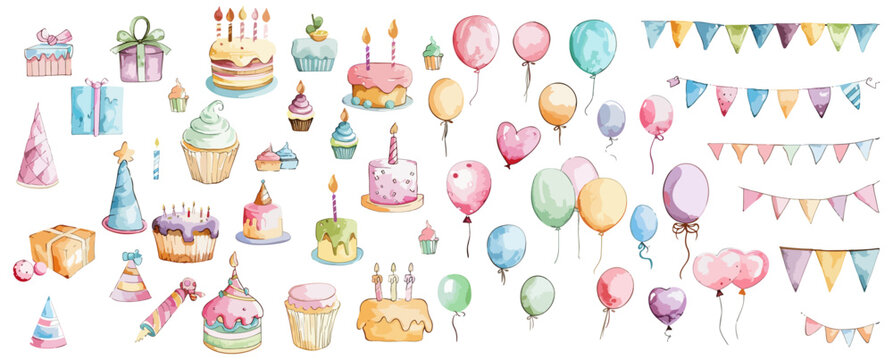 set of birthday party elements watercolor vector illustration isolated on transparent background.