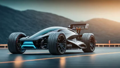 Poster futuristic electric sport fast car chassis and battery packs with high performance or future EV fatory production and prototype showcase concepts as wide banner with copy space area © Ramkishan