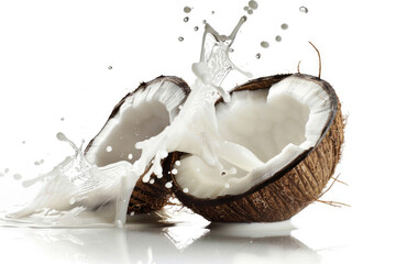 A fresh coconut cracked open, revealing its milk and flesh - obrazy, fototapety, plakaty