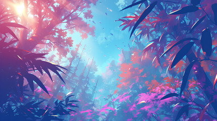 Fototapeta na wymiar fantasy colored forest plant anime background