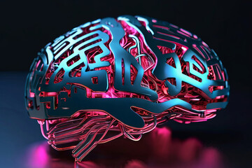 Digital AI electronic brain. Metallic with neon light, neural data storage machine. Futuristic technology concept. SEO-friendly image