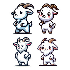 Obraz premium Set of cute goat full body cartoon mascot character vector illustration, funny adorable farm pet animal goat design template isolated on white background