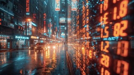 A futuristic scifi cityscape with towering skyscrapers and hover cars. Overlaying the image is a digital screen with realtime updates on the stock market. Alongside the market