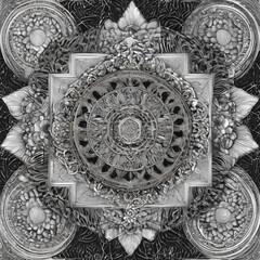 A highly detailed monochromatic mandala featuring complex patterns and textures.