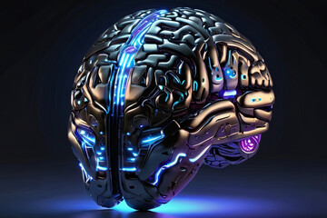 Digital AI electronic brain. Metallic with neon light, neural data storage machine. Futuristic technology concept. SEO-friendly image