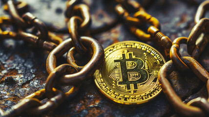 Bitcoin Cryptocurrency with Rustic Chains - Finance and Security Concept