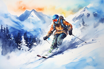 Fototapeta na wymiar Skier in Action on Snowy Mountain Slope