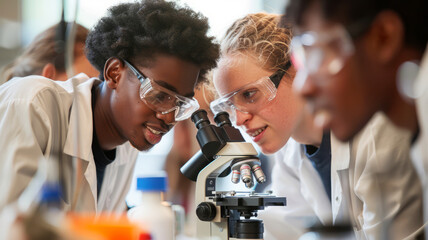Students Collaborating Over Microscope in Lab