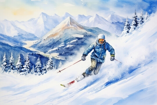 Skier in Action on Snowy Mountain Slope