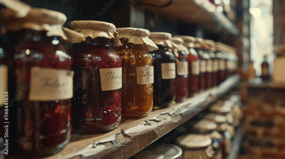 Poster a shelf lined with jars of homemade jams and jellies with handwritten labels and a rustic country fe