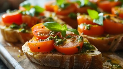 juicy tomatoes on fresh bread, pesto as topping