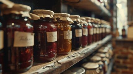 A shelf lined with jars of homemade jams and jellies with handwritten labels and a rustic country feel. - obrazy, fototapety, plakaty