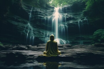 Contemplative Person meditation waterfall. Summer travel. Generate Ai - obrazy, fototapety, plakaty