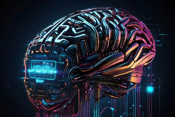 Digital AI electronic brain. Metallic with neon light, neural data storage machine. Futuristic technology concept. SEO-friendly image