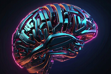 Digital AI electronic brain. Metallic with neon light, neural data storage machine. Futuristic technology concept. SEO-friendly image