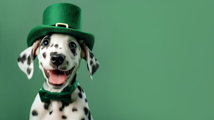 Happy and exited dalmatian puppy in a green leprechaun hat and bowtie. Dog on plain green studio background with copy space for text. St Patrick Day themed animal photo for festive horizontal banner