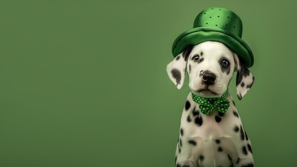 Funny dalmatian puppy in a green leprechaun hat and bowtie. Dog on plain green studio background with copy space for text. St Patrick Day themed animal photo for festive horizontal banner
