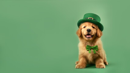 Puppy in a green leprechaun hat and bowtie. Close up portrait of a dog in hat on plain green studio background with copy space for text. Saint Patrick's Day Concept. St Patrick Day themed animal photo - obrazy, fototapety, plakaty
