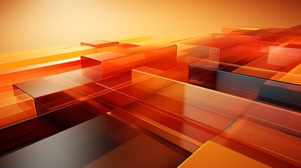 This mesmerizing abstract digital art depicts orange glass cubes stacked on top of each other in a precarious and delicate balance. The cubes are translucent and refractive