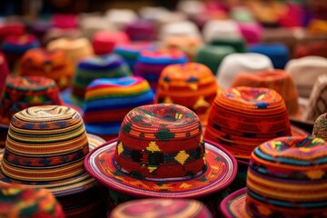 Fototapeta na wymiar Vibrant Peru traditional colorful hats. Brightly colored headwear for culture fiesta festival. Generate ai