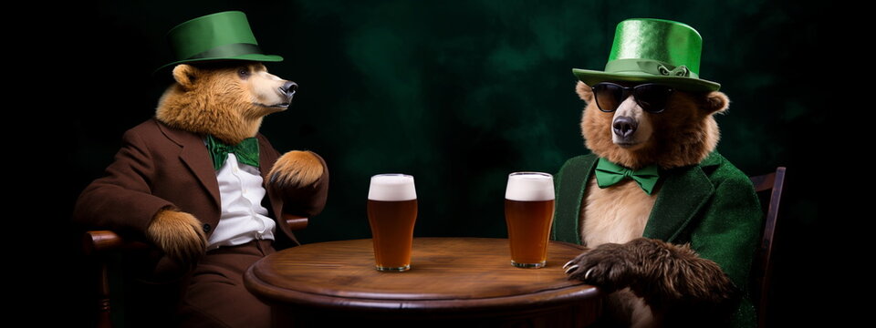 Two bears dressed in suits celebrating St. Patrick’s Day in a pub. Bear in green hat and bowtie sitting at a table drinking beer. Two animal friends in bar. Saint Patrick Day vintage creative concept