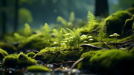 Green moss on rocks in fertile nature background forest