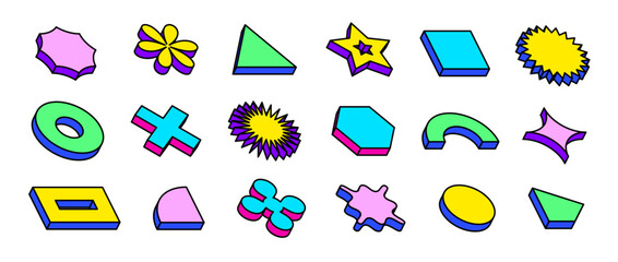 Colorful isometric shape set. Bright outline abstract geometric object collection. Retro brutalist form pack in Memphis style. Vintage volumetric elements for poster, cover, banner. Vector