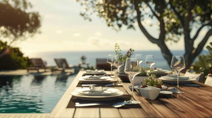 Dinner table setting in modern villa terrace with pool and deck with sunshine view